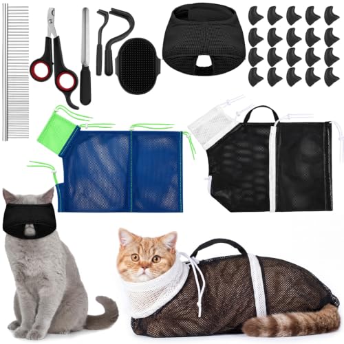 Image of 10 Pcs Cat Bathing Bag Set Pet Mesh Shower Bag Anti Bite and Scratch Pet Grooming for Washing Brush, Cat Muzzle, Nail Clipper, Nail File, Tick Tool (Black and Blue)