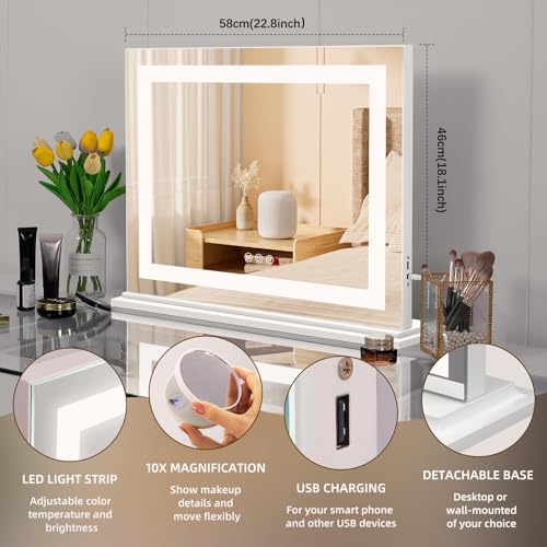 Hollywood Makeup Vanity Mirror with Lights - 22.8”x18.1”, USB Charging, 3 Dimmable Color Modes, 10X Magnification, White