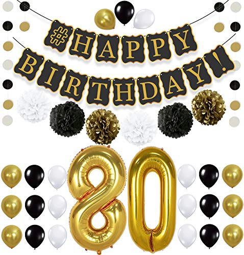 KatchOn Black 80th Birthday Decorations Party KIT - Black Gold and White Pompoms | Latex Balloons | Gold Number 80 Ballon | 80th Birthday Party Decorations | Great 80 Year Old Party Supplies