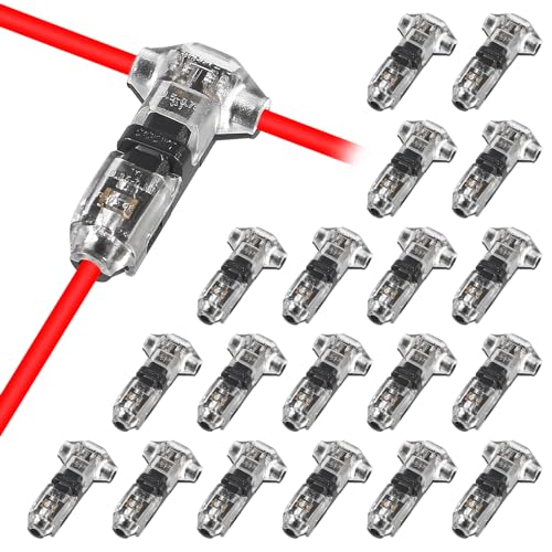 20 Pack T Type 1 Pin Low Voltage Wire Connector, Quick Solderless Wire Splice Connector, T Tap Wire Connectors, No Stripping 2 Way Wire Connectors for 24-20 AWG Cable