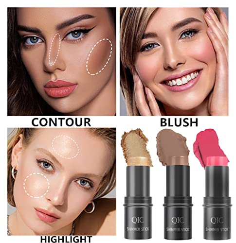 Go Ho 3Pcs Contour Stick Fack Blush Set,Cream Contour Highlighter Blush Stick 3 Colors Kit,Contouring Face Foundation Makeup For Daily Wear- Shimmer Highlighter,Rose Blush & Bronzer Shading Contour #TOP1