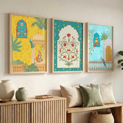 Image of kotart Indian Madhubani Wall Decoration | Madhubani Art Painting With Frame For Living Room Bed Room Hotel Wall Decor Digital Reprint Set of 3 (35x37 Inch)