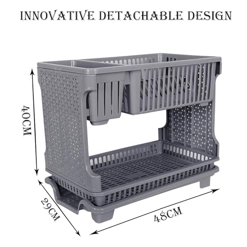 Image of Kuber Industries Dish Rack | Plastic Dish Rack With Drainer | Drying Basket With Tray | Kitchen Drying Rack With Tray | Bartan Stand For Kitchen | Bartan Jali Rack | Gray, 48X29X40 Cm