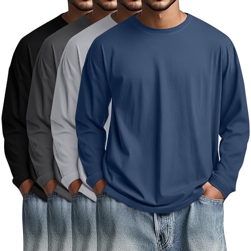 Image of August Alley 4 Pack Men's Big and Tall Cotton Shirts L-7XL, Long Sleeve Oversized Tops Loose Casual Large T-Shirts Basic Tee