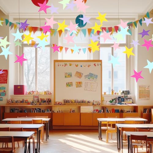 Image of Spakon 65 Feet Glitter Star Paper Garland Banner Hanging Decoration Star Streamers Double Side 2026 Graduation Decorations for Wedding Birthday Festival New Year Party Decoration (Pastel)