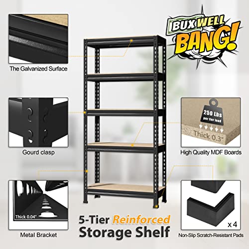 Buxwellbang 5-Shelf Heavy Duty Shelving - Adjustable Garage Storage Shelves, Metal Utility Storage Racks For Warehouse Pantry Basement Kitchen, Garage Organizers Shelf Unit, Black #TOP3