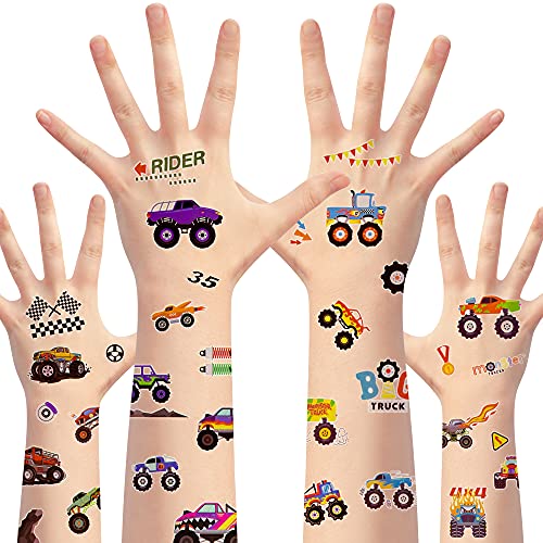 Mallmall6 8 Sheets Monster Trucks Temporary Tattoos For Kids Waterproof Vehicle Fake Tattoos Checkered Racing Flag Dirt Cars Body Sticker Cartoon Art Decal Birthday Party Favor Supplies For Boys Girls #TOP1