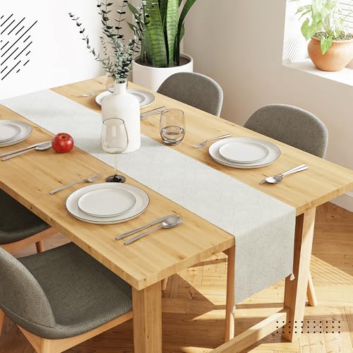 Image of Encasa XO 4 to 6 Seater Dining Embossed Velvet Table Runner | Size 32x183 cm | Cream Color with Premium Polyester - Machine Washable