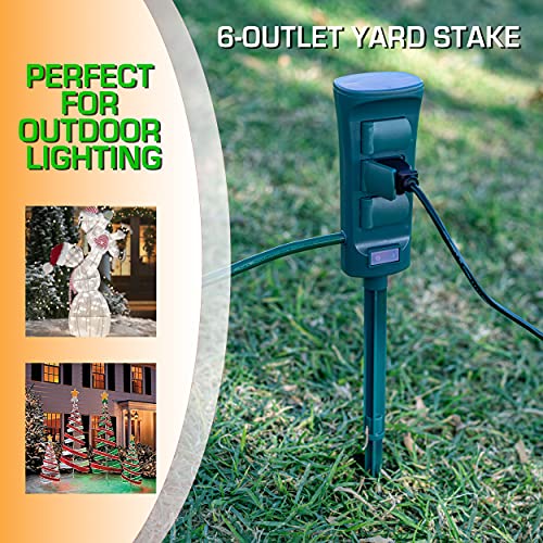 6 Outlet Green Color Double Sided Outdoor Power Strip, Yard Power Stake Weatherproof Cover And On/Off Switch,6 Ft Long Extension Cord , Weather Resistant, Etl Certified #TOP6