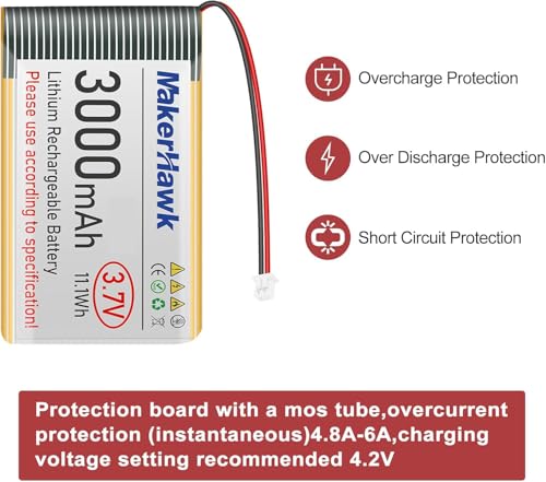 MakerHawk 3.7V 3000mAh LiPo Battery Rechargeable 1S 103665 Lithium Polymer Battery with Protection Board Insulated Rubber Tape, Micro JST 1.25 Plug for Ar duino ESP32 Development Board (2 Pack) by MakerHawk - Image 6