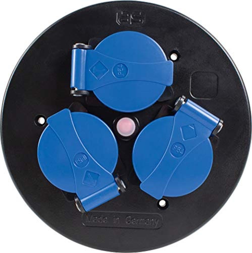 As - Schwabe Blue Hinged Lid 10566 Triple Socket Insert For Cable Reels 230 V/16 A With Hinged Lid Blue Fused By Thermal Circuit Breaker With Mounted Strain Relief And Seal Ip44 Black