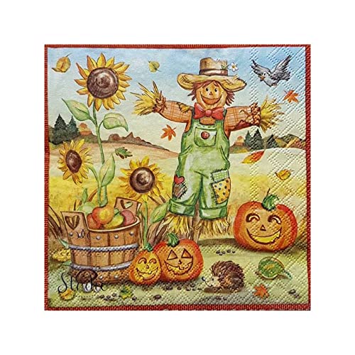 Set of 2 Individual Decoupage Paper Party Napkin SCARECROW AUTUMN PUMPKINS Watercolor Decor Luncheon Napkins for a Birthday Holiday, Wedding, Cocktail Party