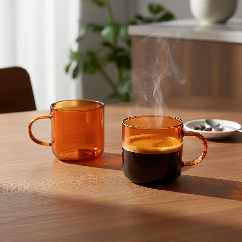 Deconox 2'li Borosilikat Cam Kupa Seti - 380 ml Isıya Dayanıklı Renkli Kahve ve Çay Bardağı - Kurşunsuz Ekolojik (2 Adet) Amber (Bal Rengi) ve Füme Renk Seçenekleri (Amber (Bal Rengi) - 2 ADET)