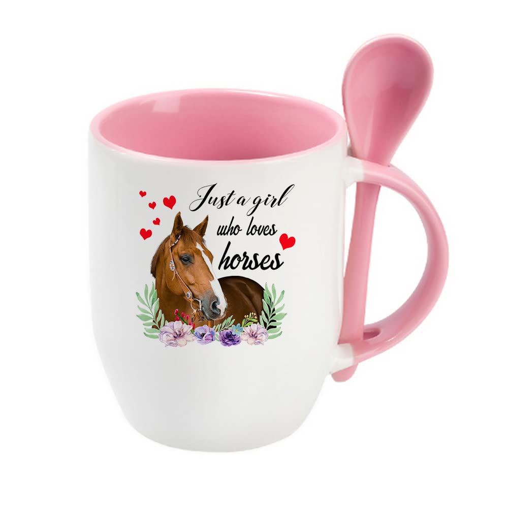 Horse Mug, Horse Lover Gifts for Girls, Horse Gifts, Just a Girl who Loves Horses, Horse Riding Gifts, Birthday, Christmas, Coffee, Tea Mug Unique Spoon Ceramic Mug. (Pink)
