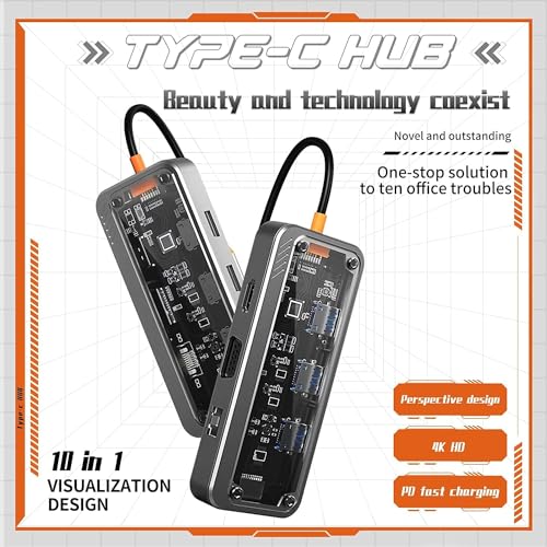 Image of USB HUB USB C Hub 10 in 1 Type C Hub with Ethernet,4K USB C to HDMI,VGA,PD Power Delivery, 3 USB 3.0 Ports, USB C to 3.5mm, SD /TF Cards Reader for All Devices (USB C to 10 in 1 Transparent HUB)