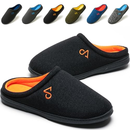 COZYAREA Men's Cozy House Slippers Indoor Shoes Memory Foam Insoles & Rubber Soles, Black/Orange, 11-12