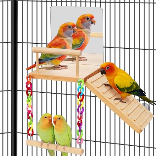 ZooVibe Bird Perches Platform Swing with Bird Mirror Climbing Ladder Birds Toys Cage Accessories for Cockatiels Lovebirds Pacific Parrotlets Chinchilla Hamster Play Gym Exercise Stand (with Mirror)