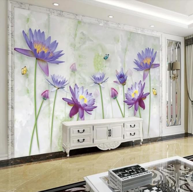 Papier peint 300x210 cm avec lotus en marbre 3D pour grand mur de salon moderne