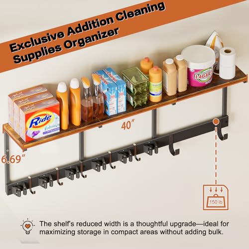 Broom Holder Wall Mount with Cleaning Supplies Organizer, Laundry Room Organization and Storage Shelves with Ironing Board Holder, Mop Hanger Broom Rack with Hooks, Home Improvement Garage Organizer - Thumbnail 4