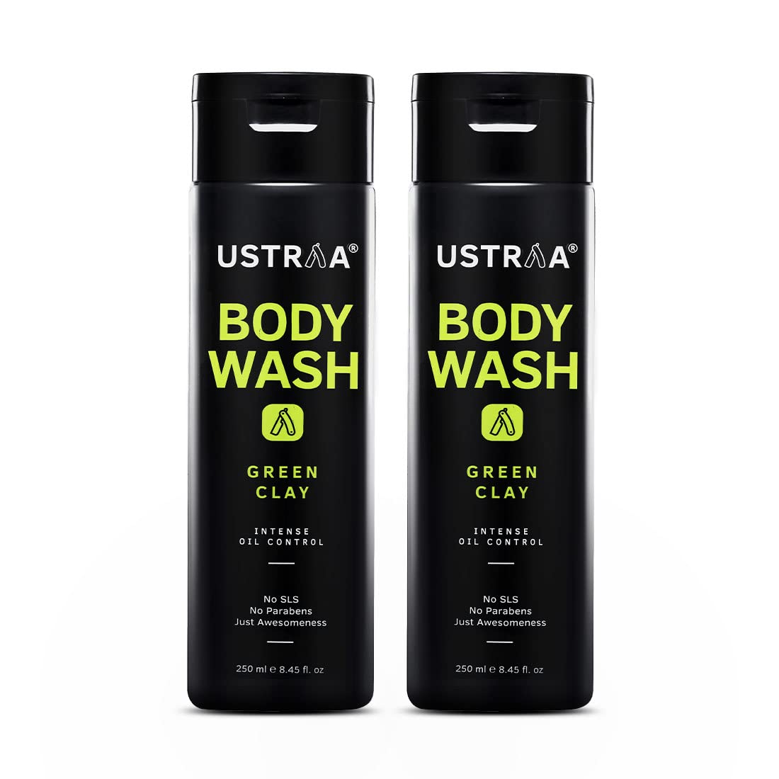 Ustraa Body Wash-Green Clay 250 ml set of 2 – Intense Oil Control – Removes Excess Oil, No post-shower Dryness, Intense Foaming without Sulphates
