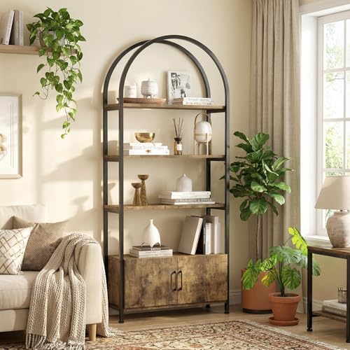 Garvee Arched Bookshelf, Vintage Bookcase Display Racks Tall Standing Bookshelves, 4 Tier Book Shelf Board and Studry Metal Frame, Accent Bookshelf for Living Room, 71.5", Brown