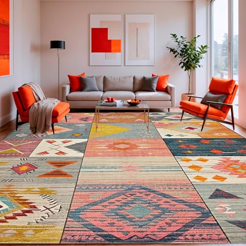 ODIKA Flatwoven High Traffic Area Rug 8x10, Boho Patchwork Eclectic