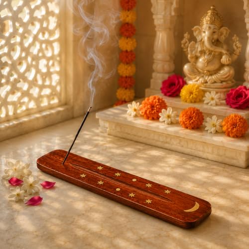 Image of Pure Source India Wooden 10 inch Incense Stick Holder with Brass Moon & Star Inlay Design - Handmade Agarbatti Stand for Home, Puja, and Meditation