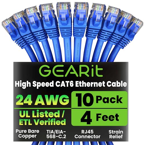 GEARit Cat6 Patch Cables Cat 6 Ethernet Cable 4 ft 10-Pack Blue
