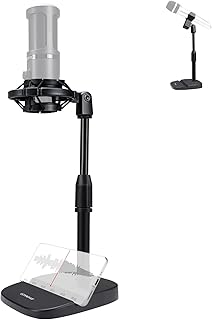 Desktop Microphone Stand, Podcast Microphone Stand, Table Gaming Mic Stand, Height Adjustable with Shock Mount, Mic Clip Phone Slot Weighted Base for Broadcast Studio Recording for AT2020 Shure Rode