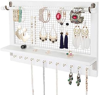 Kakivan Wooden Wall Mounted Jewelry Organizer Shelf for Hanging Earrings, White Jewelry Shelves