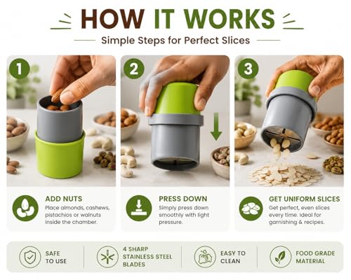 Image of Manual Nut Chopper for Dry Fruits, Almonds, Walnuts, Pistachios & Cashews, Hand Operated Plastic Dry Fruit Grinder with Stainless Steel Blades for Kitchen Use, Green & Grey | Not Electric |