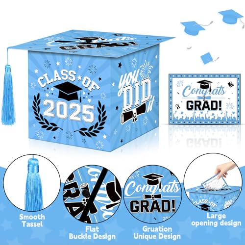 Image of Class of 2025 Graduation Card Box Light Blue Congrats Grad Cap Shaped Card Holder Boxes with Tassel and 48 PCS Advice Wishes Cards for 2025 High School College Centerpiece Ceremony Graduation Party
