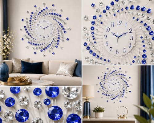 Image of CHRONIKLE Beautiful Crystal Analog Floral Design Round Diamond Studded Metal Wall Clock for Living Room Home Decor Office Gifts (Size: 60 x 5 x 60 CM | Color: Blue & White | Weight: 1460 Gram)