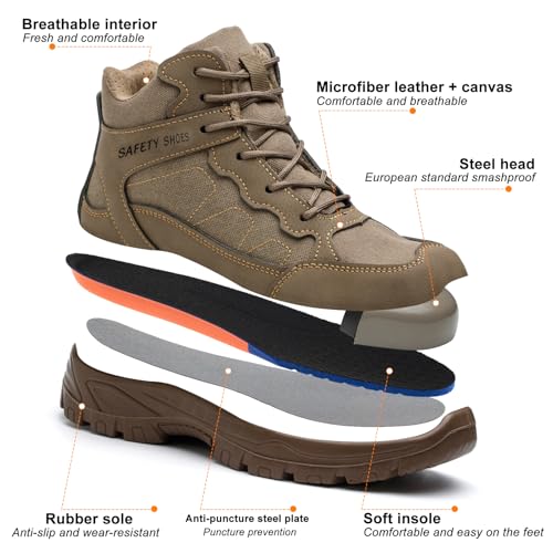 Steel Toe Work Boots for Men, High Top Composite Toe Safety Boots, Ultra-fiber & Canvas Upper, Lace-up, Indestructible Construction Industrial Safety Shoes Brown4