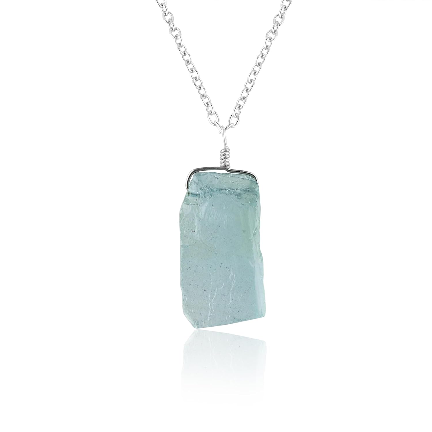 CRYSTALIS Natural A+ Aquamarine Raw Crystal Pendant Necklace, Flat Bar Rough Crystal, Chakra Healing Stone, Gift Giving Women Jewelry, Dainty Rhodium 925 Sterling Silver Chain 18 inch