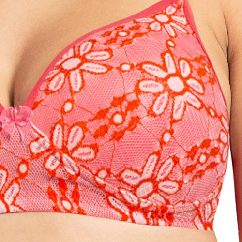 Image of Komli - Bridal Heavily Padded Push-Up Bra and Panty Set - Cotton Rich - Balconette - Seamless, Wireless, 3 /4th Coverage - Embroidered Multicolor Lace on Cups with Halter Straps