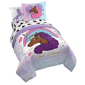 Afro Unicorn Distinctive, Divine, Magical 7 Piece Full Measurement Mattress Set – Contains Comforter & Sheet Set – Tremendous Delicate Children Bedding Fade Resistant Microfiber (Official Product)