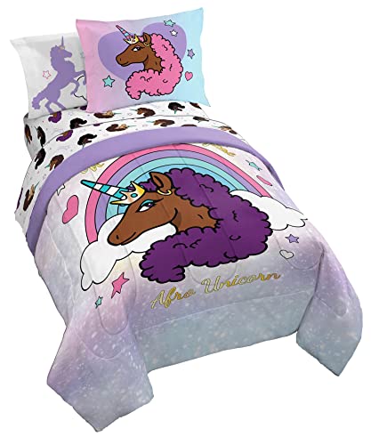 Afro Unicorn Distinctive, Divine, Magical 7 Piece Full Measurement Mattress Set – Contains Comforter & Sheet Set – Tremendous Delicate Children Bedding Fade Resistant Microfiber (Official Product)