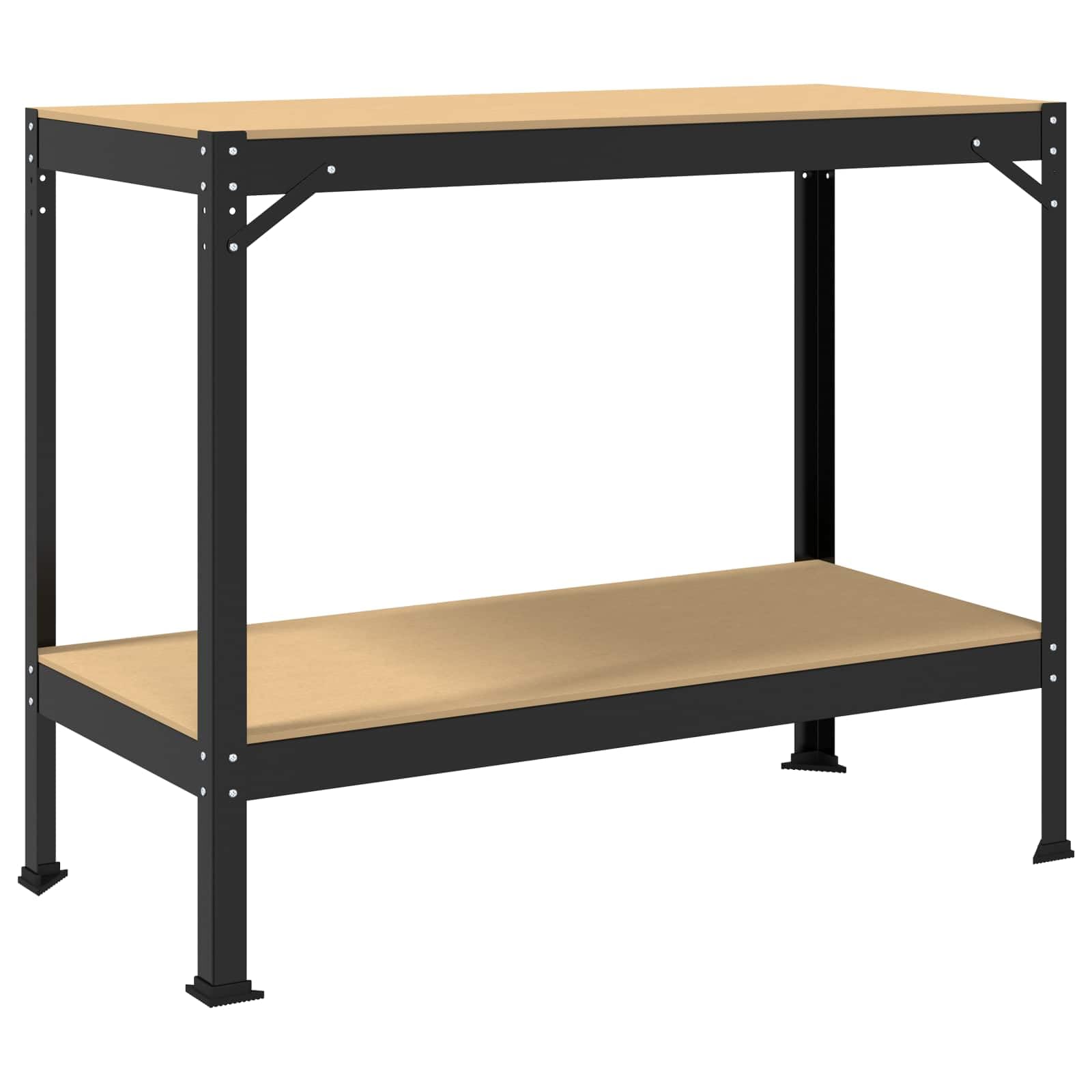 Banco de trabajo negro 115 x 55 x 91 cm de madera contrachapada y metal con pared perforada, cajón, superficie de trabajo regulable en altura, diseño robusto para taller, garaje, sótano