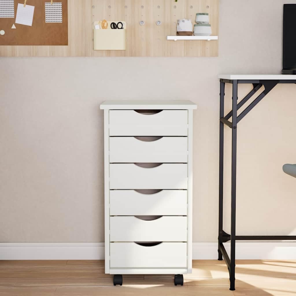 White Rolling Cabinet with 6 Drawers, Solid Pine and Engineered Wood Construction, Mobile Storage Unit with Smooth Finish for Home Office Organization