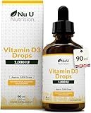 Vitamin D Drops 90ml (3000 Drops) - 1000IU per Drop - 50% More - Flexible Dose of Liquid Vitamin D3 Supplement for Adults - Unflavoured & Vegetarian - Made in the UK - Nu U Nutrition