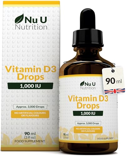 Vitamin D Drops 90ml (3000 Drops) - 1000IU per Drop - 50% More - Flexible Dose of Liquid Vitamin D3 Supplement for Adults - Unflavoured & Vegetarian - Made in the UK - Nu U Nutrition