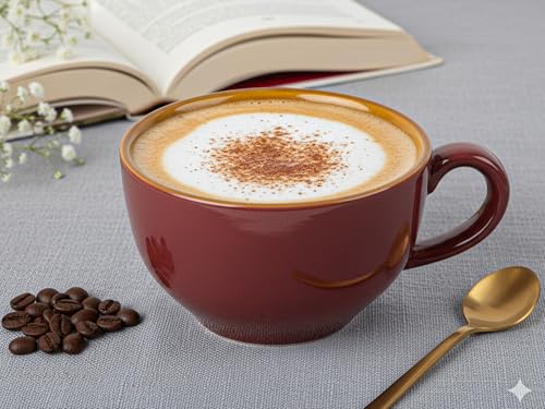Image of Bodhi House Ceramic Coffee Wide Large Mug with Handle - Set of 1, 350Ml Glossy Finish | Bone Ash Free & Microwave Safe | for Cappuccino, Latte, Green Tea - Burgundy