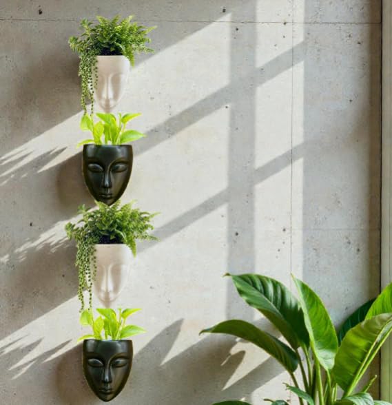 Image of Wall Mounted Face Planter Set, Black and White, Decorative Indoor Plant Holder, Modern Home Decor, 4 Pieces (Plastic) (4)
