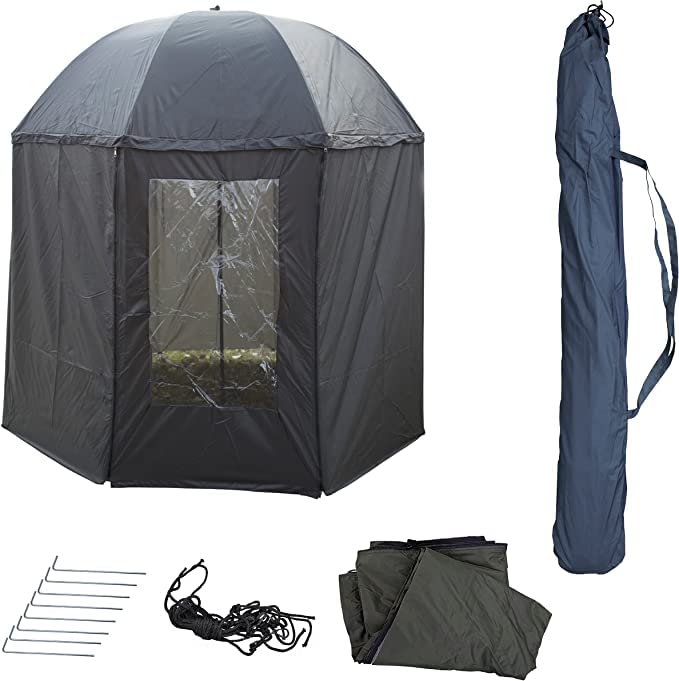 PHOENIX 91109 - Ombrello da pesca, diametro: 250 cm, con rivestimento e chiodi, protezione contro pioggia, vento freddo e raggi UV, 3 uomini e bagagli per tenda + custodia, grigio scuro, grigio, S