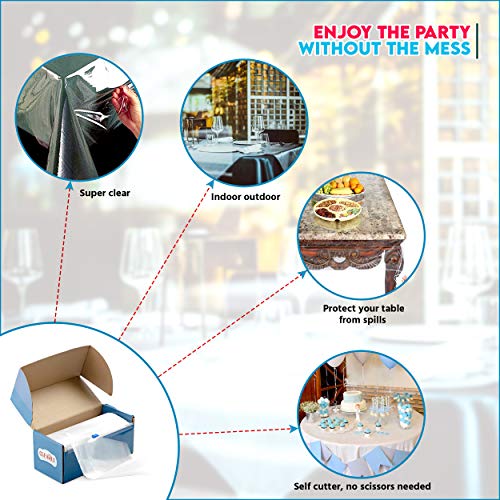 [ 2 Mill Thick ] - Clear Plastic Tablecloth Roll- W/ Self Cutter -Wide Thick Disposable Table Cover Protects From Spills, Water, Oil, Stains. #TOP2