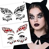 Halloween Face Tattoo Stickers Red & Black Face Gems- Rhinestones Face Decoration for Women & Kids - Vampire, Devil, Witch Costume Makeup Accessories - Spooky Face Art Supplies-2 pack