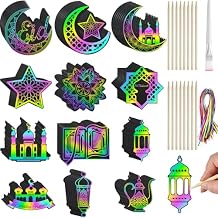 Hollowfly 96 Pcs Ramadan Scratch Paper Kit Eid Mubarak Paper Scratch Off Card Eid Crafts Ramadan DIY Rainbow Hanging Ornament Craft for Ramadan Party Eid Mubarak Activity Drawing Supplies Decor