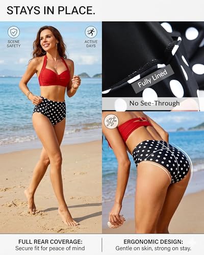 Image of Holipick Women High Waisted Bikini Set Two Piece Swimsuit Tummy Control Bathing Suit Vintage Halter Swimwear