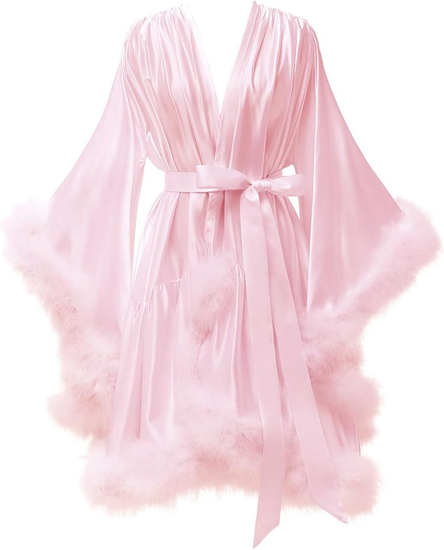 Feather Fur Robe Silk Satin Bridal Dressing Gown Sexy Illusion Lingerie Nightgown Bathrobe Sleepwear